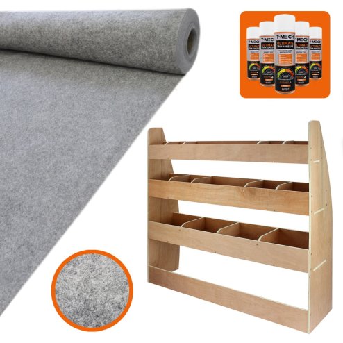 Camper Van Lining Carpet 11m2 Wheat 4 Way Super Stretch & VW Caddy SWB Van Racking Plywood Tool Storage Utility Ply Toolbox Transporter Shelves Rack Unit Motorhome 5 x Adhesive Glue Cans Kit
