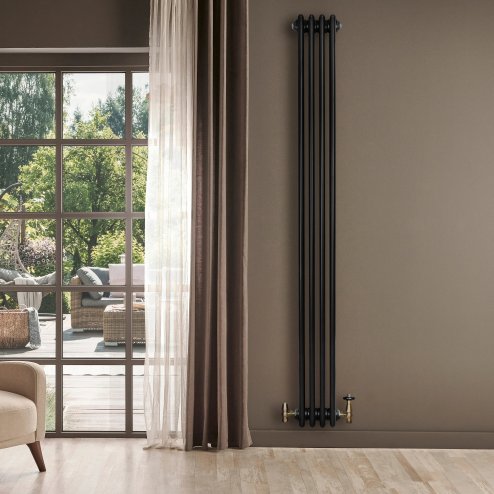 Traditional 4 Column Radiator & Valves - 1800 x 200mm - Black