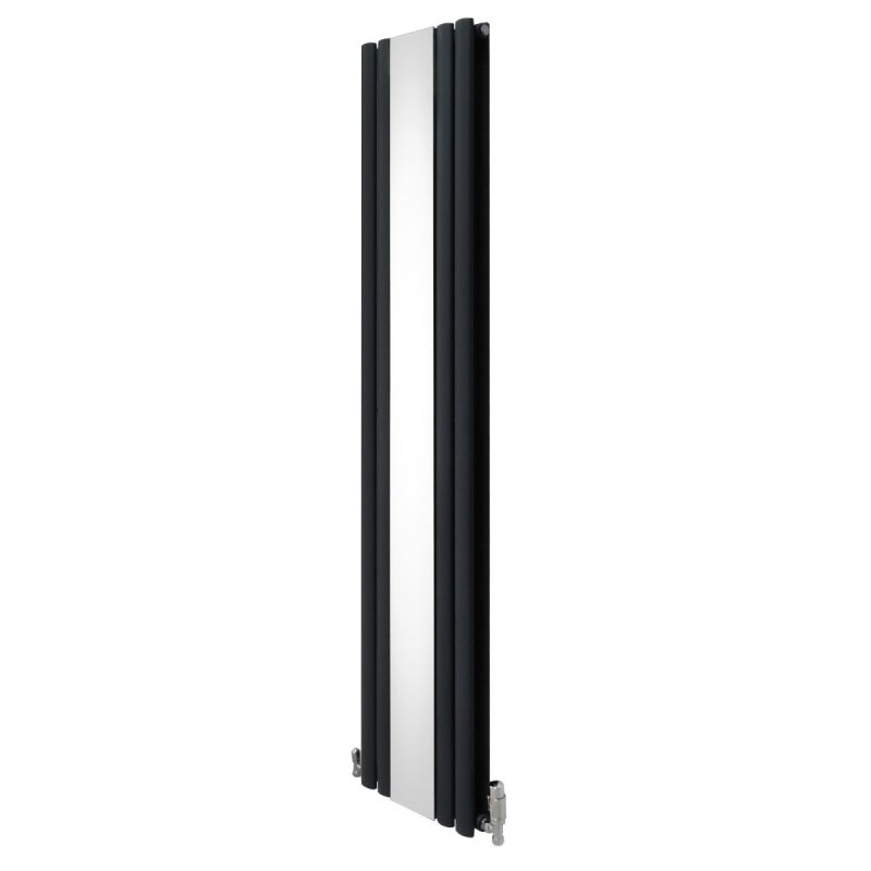 Oval Panel Radiator With Mirror 1800mm x 380mm & TRV Chrome Valves Designer Double Column Vertical Anthracite Grey Carbon Steel Wall Mounted Kitchen Living Room Cleaning Brush Fixing Kit & Brackets
