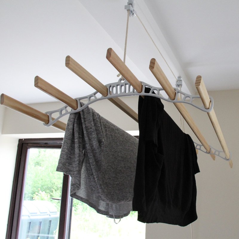 Clothes Airer Ceiling Pulley Maid Traditional Mounted Clothing Dryer 6 Lath Laundry Drying Rack Rail 1.4m White