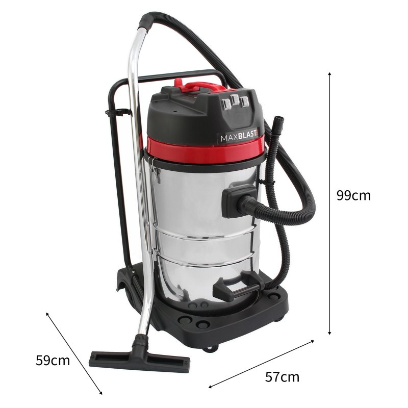Industrial Vacuum Cleaner 80L Wet & Dry 4 Attachments Commercial Cleaning 3000W Triple Motor Stainless Steel Cloth Filter 1.5m Hose 9m Cable Bagless or Bagged 3 x FREE Hoover Bags