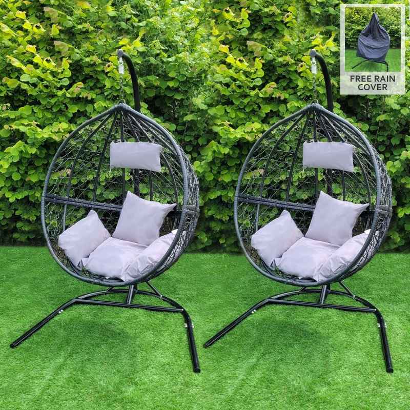 Swing Hanging Egg Chair Rattan Bench Garden Patio Outdoor Indoor Furniture Hammock Basket Seat Black | with Cushions, Waterproof Cover and Stand