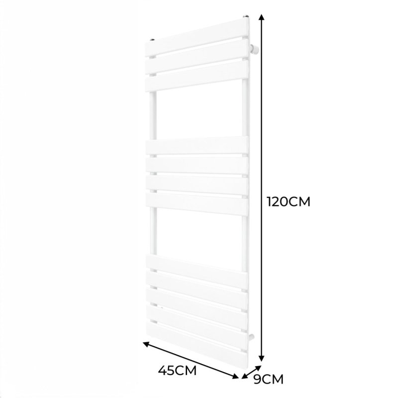 Vertical Towel Radiator Designer Flat Panel 1200mm x 450mm Bathroom Heated Rail Gloss White Central Heating Ladder Heater Wall Mounted Carbon Steel FREE Cleaning Brush Fixing Kit & Brackets