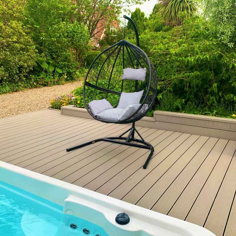Swing Hanging Egg Chair Rattan Bench Garden Patio Outdoor Indoor Furniture Hammock Basket Seat Black | with Cushions, Waterproof Cover and Stand