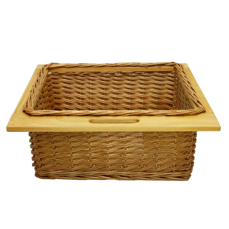 Pull out Wicker Basket Drawer 600mm Kitchen Storage Solution Larder Base Unit Cupboard with Handle Rustic Beech Wood Farmhouse Style 100% Handmade Rattan FREE Fixing Kit Included – Brown
