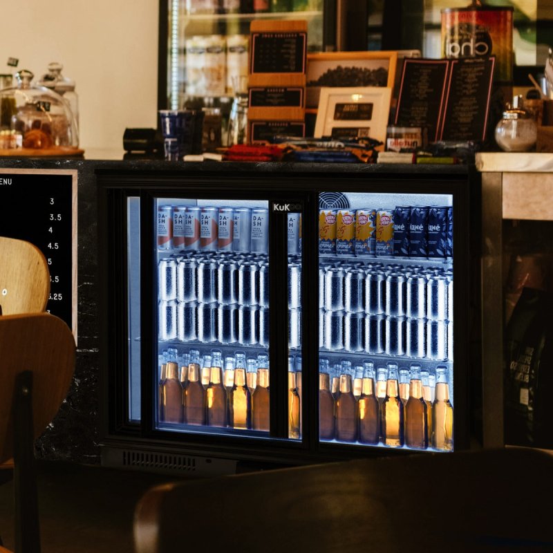 Back Bar Fridge Cooler 208L Capacity Commercial Sliding Double Door Under Counter Black Chiller Self Closing 112 x 500ml Bottles Beer Wine 4 Adjustable Shelves Colour Changing LED Light 7 Colours