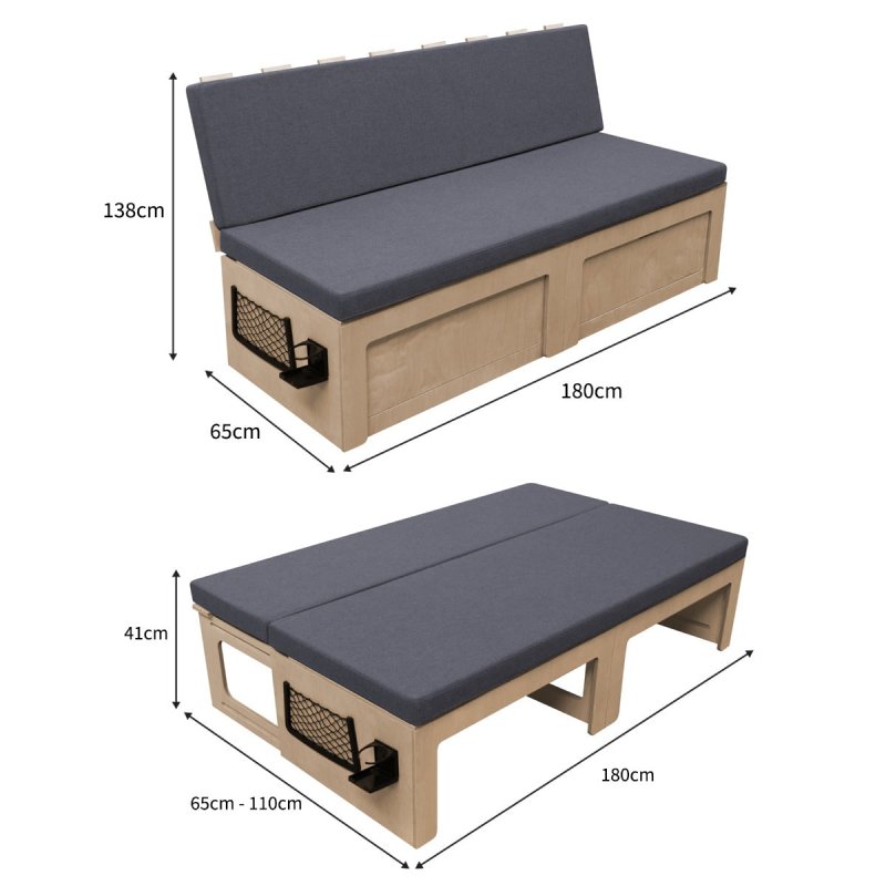Sliding Camper Sofa Bed & Cushions Pull Out Bench Vivaro Movano Sprinter VW T4 T5 T6 Transit DIY Van Conversion Under Seat Storage Storage Nets Cup Holder 8cm Thick Mattress Washable Covers Fixing Kit