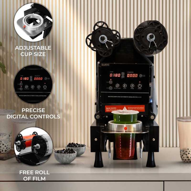 Cup Sealing Machine Electric 500W Fully Automatic Control LCD Panel Commercial Stainless Steel Black Bubble Milk Tea Coffee Smoothies Plastic Paper 90mm 95mm Diameter FREE Film Roll 500-650 Cups Hour