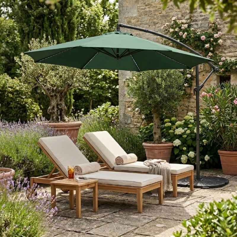 LED Cantilever Parasol 3m With Full Fan Base - Green