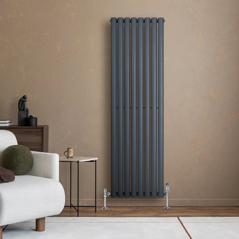 Oval Single Column Radiator & Valves - 1600mm x 480mm - Anthracite Grey