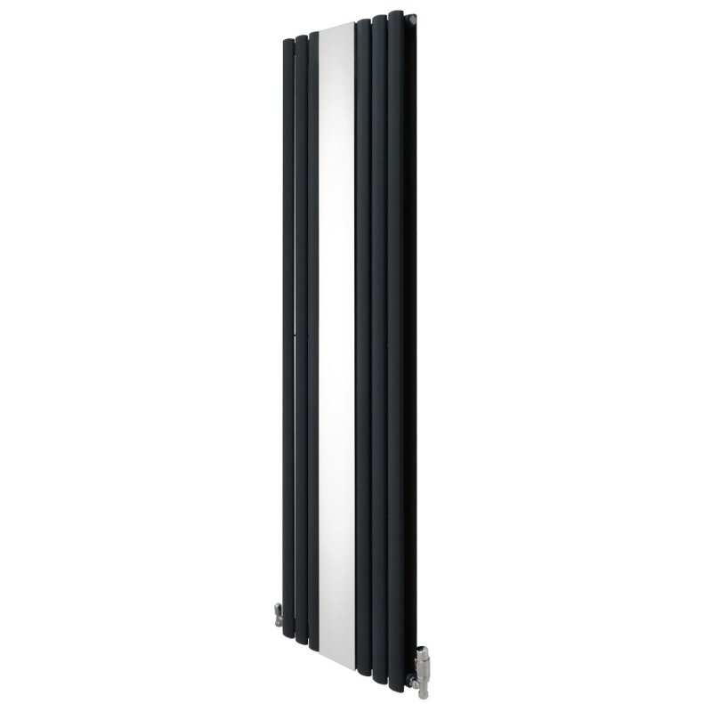 Oval Panel Radiator With Mirror 1800mm x 500mm & TRV Chrome Valves Designer Double Column Vertical Anthracite Grey Carbon Steel Wall Mounted Kitchen Living Room Cleaning Brush Fixing Kit & Brackets