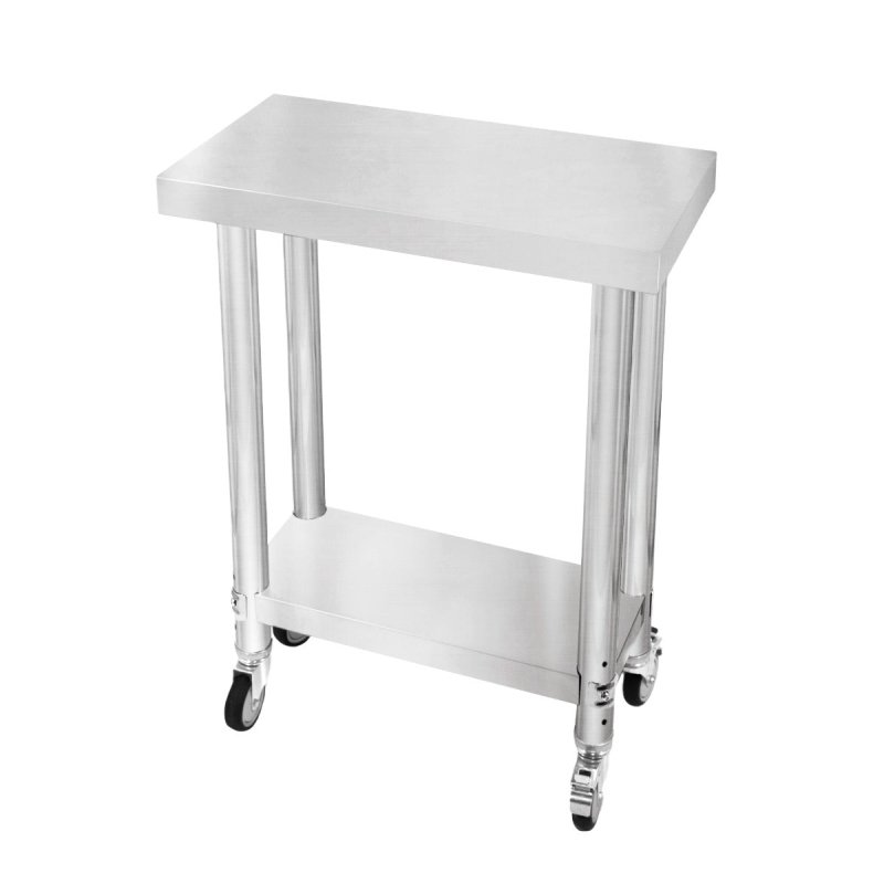 Catering Work Bench Table Stainless Steel Food Prep Kitchen Mobile 4 x Castor Wheels With 2 Brakes & 4 Adaptable Feet Adjustable Lower Shelf 3 Positions 160kg Load Capacity 60cm x 30cm x 80cm