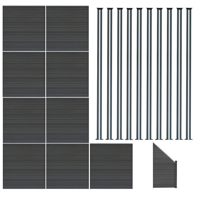 Composite Fence Panels, Angled Piece & LED Posts 6ft x 54.5ft - Grey