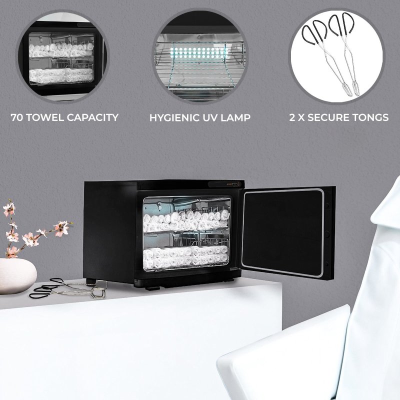 Hot Towel Warmer Black 23L Cabinet Heater UV Steriliser Disinfection Facial Salon Beauty Spa Gym Bathroom Home Equipment Stainless Steel Electric 2 Removable Shelves Drip Tray 200W 2 x FREE Tongs