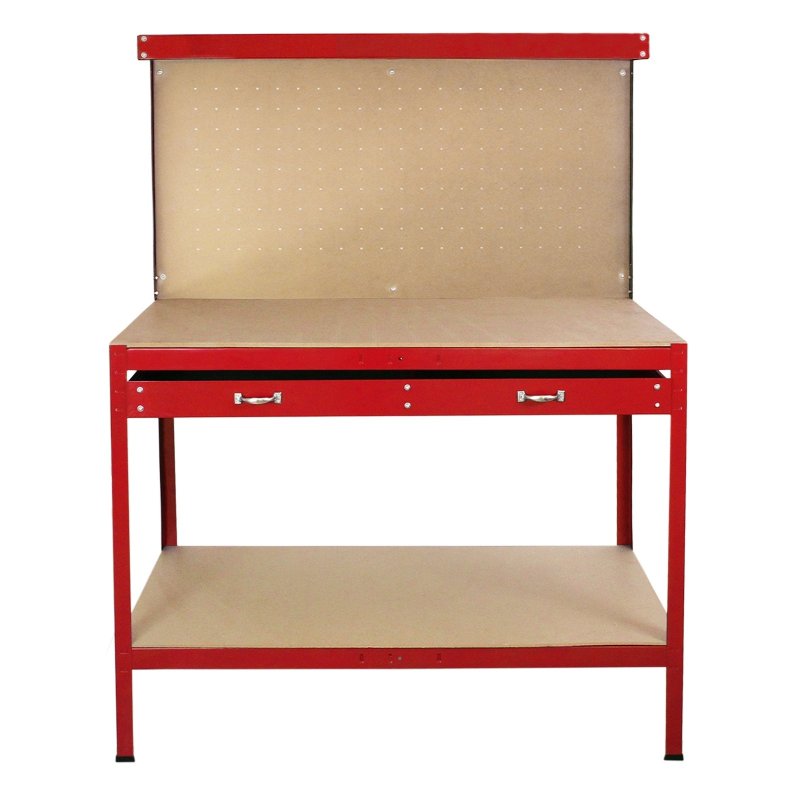 Metal Workbench With Pegboard And Drawer Heavy-Duty Steel Tool Storage Station Unit With Shelves FREE 40 Hooks DIY Workshop Industrial Work-Top Garage Work-table Red