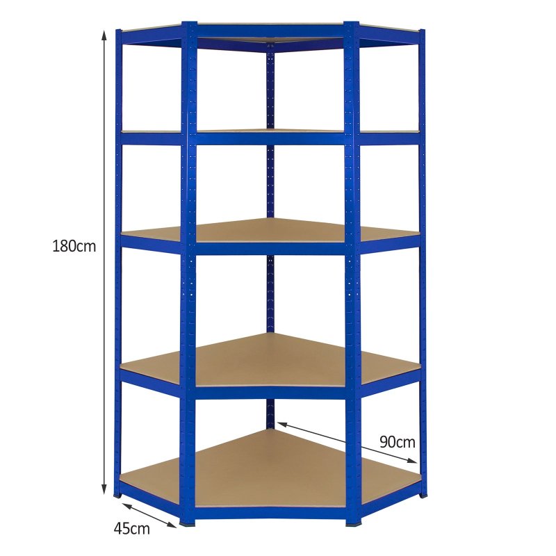 Corner Shelves Garage Racking / 90cm x 45cm x 180cm Racking Storage Unit / 5 Shelves MDF & Steel / 1325kg capacity / 265kg per shelf