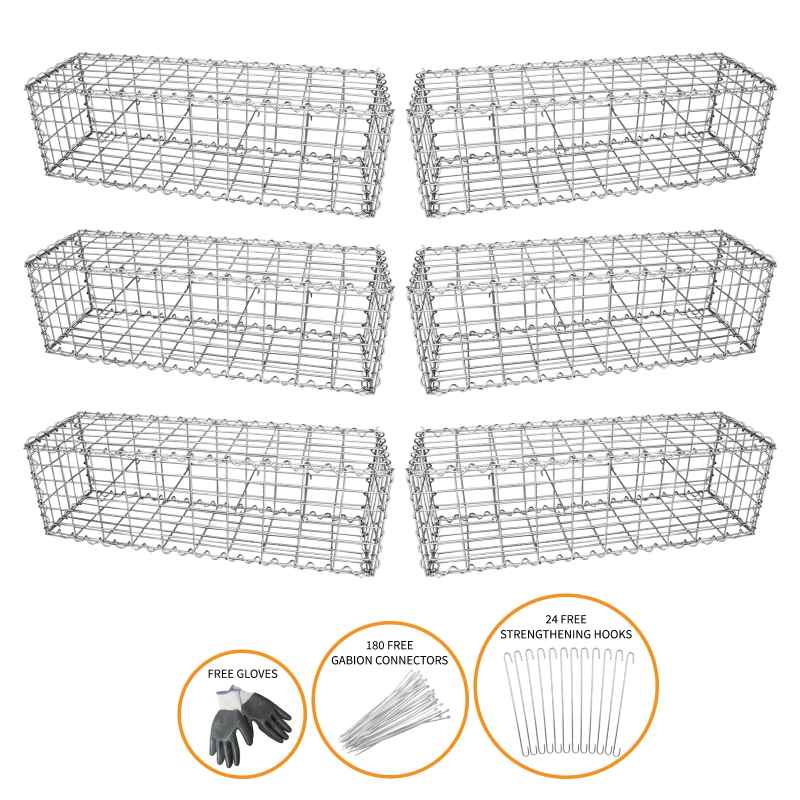 Gabion Baskets Galvanised Steel Cages Mesh Wire Stone Basket Outdoor Spiral Retaining Wall Planter Garden / 100 x 30 x 30cm / 6 Pack