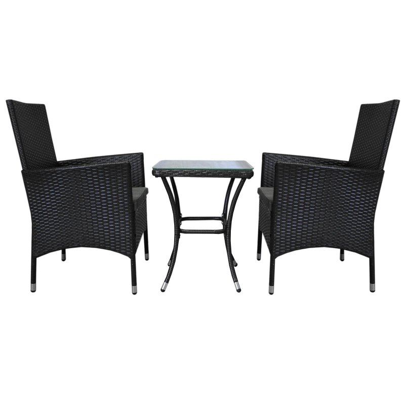 Black Rattan Bistro Set Garden Furniture 3 PCs Patio Weave Companion Outdoor Chairs Table Glass Top Set Conservatory Balcony 2 Seater Grey Cushions Washable Covers UV Protection | FREE Rain Cover