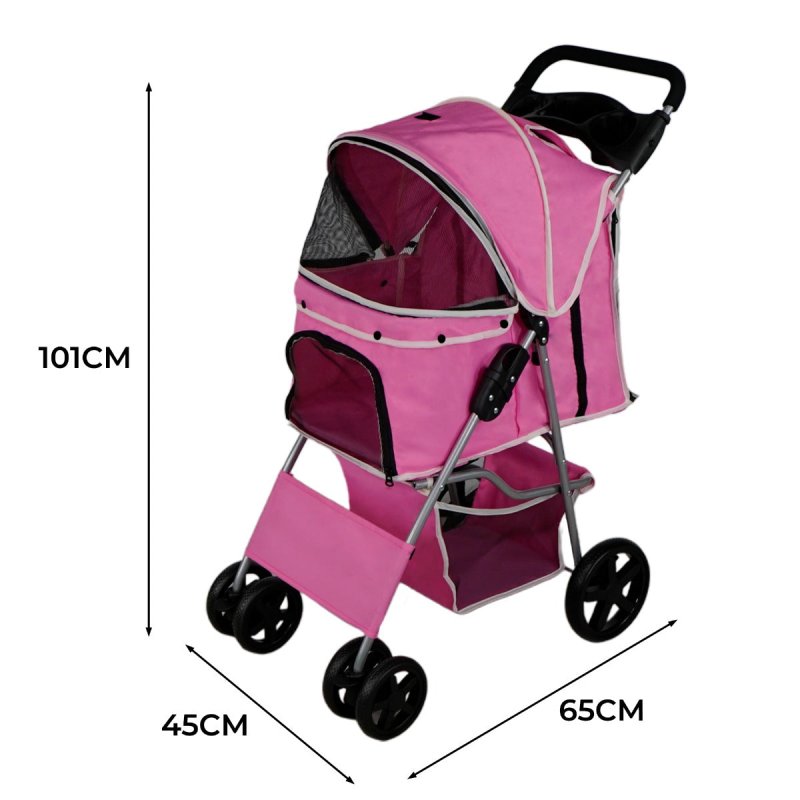 Pet Stroller Pushchair Pink Carrier Foldable Trolley Travel Cart 15kg Capacity 4 Wheels Brakes Cat Dog Safety Snap Hook Leash Cushion Canopy Mesh Windows Basket Cup Holders FREE Waterproof Rain Cover