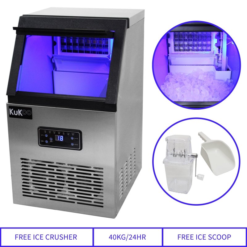 Commercial Ice Cube Maker Stainless Steel Machine 40kg/24hr Restaurant Bar Cafe Hotel IceMaker / FREE Ice Crusher