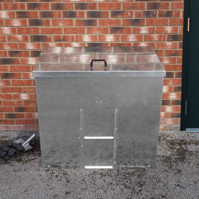 Coal Storage Bunker 500kg 772L Galvanised Steel Raised Metal Base Strengthening Bar Baffle Plate Waterproof Rust & Rodent Proof Wood Fire Sliding Door Hinged Lid Handle FREE Coal Shovel