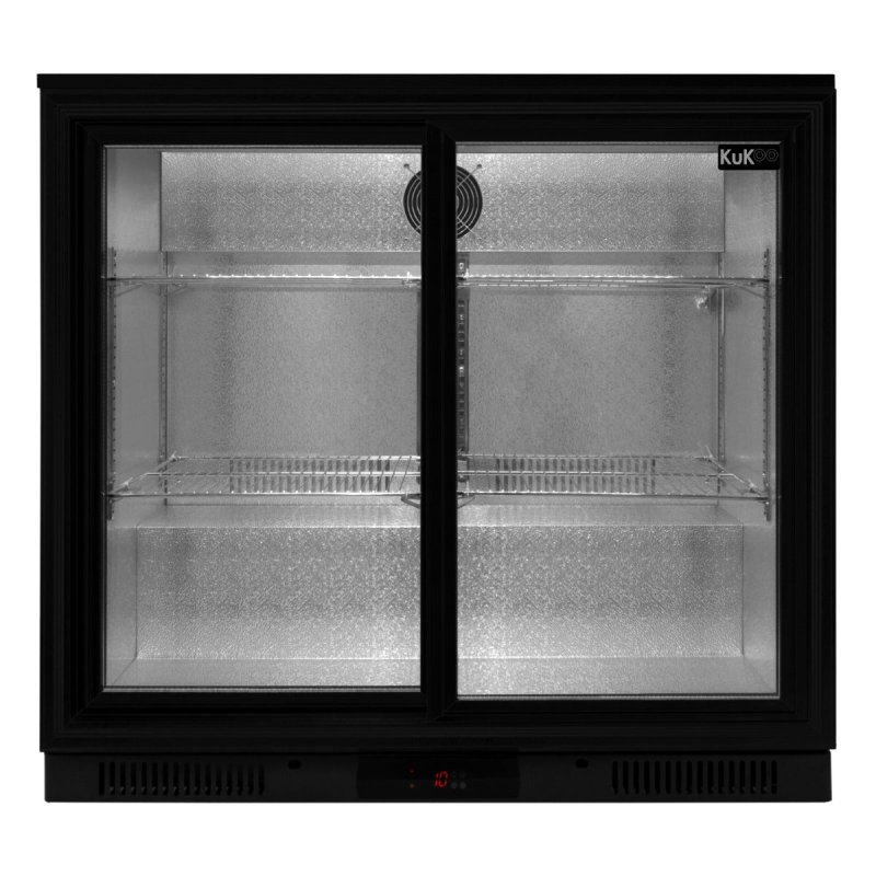 Back Bar Fridge Cooler 208L Capacity Commercial Sliding Double Door Under Counter Black Chiller Self Closing 112 x 500ml Bottles Beer Wine 4 Adjustable Shelves Colour Changing LED Light 7 Colours