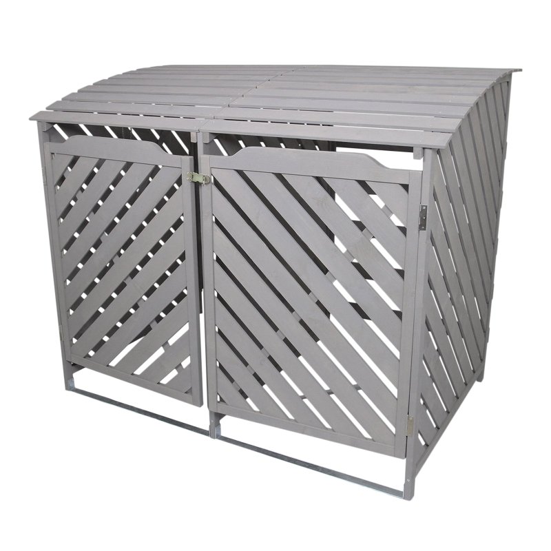 Double Wheelie Bin Storage Shed Wooden Dustbin Store Cupboard Outdoor Grey Wash Timber Cover Lockable Latched Recycling Garden