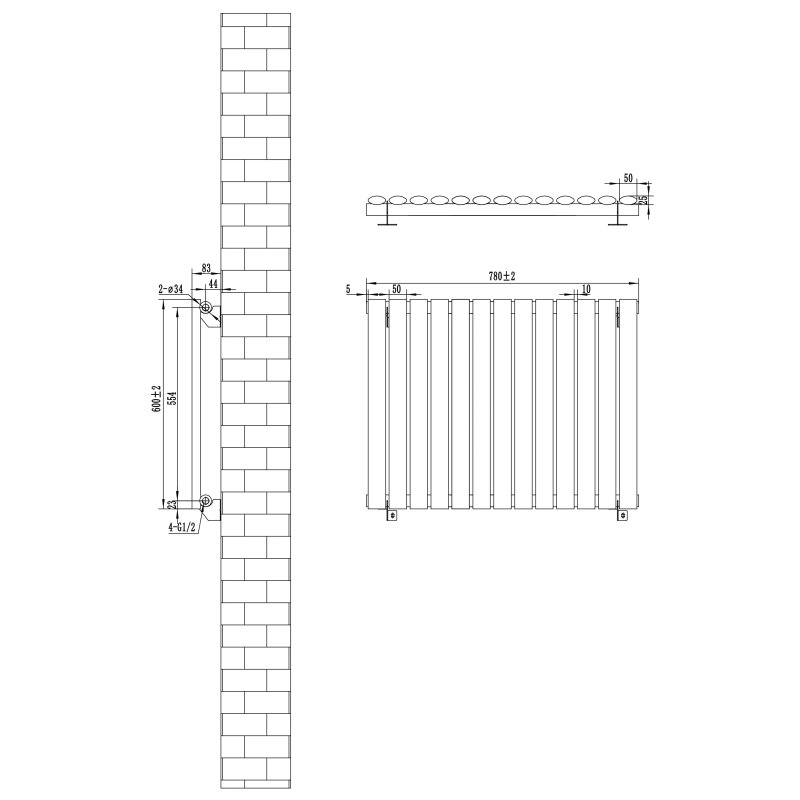 Oval Single Column Radiator & Valves - 600mm x 780mm - Black