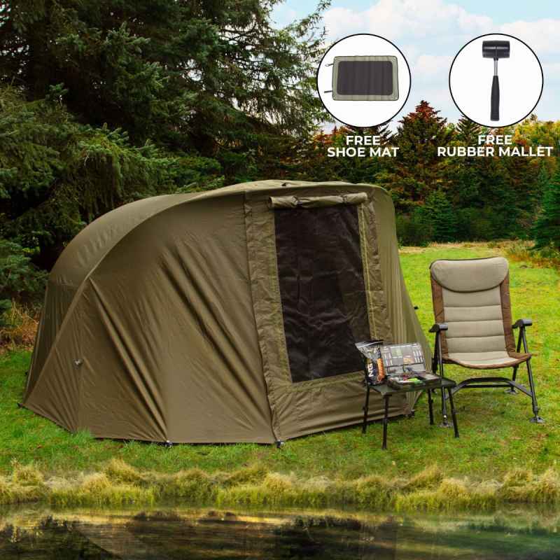 2 Man Fishing Bivvy Tent with Overwrap Carp Fishing Dome Overnight Shelter Angler Camping Waterproof Tackle Brolly System Pram Hood PVC Window FREE Neoprene & PVC Shoe Mat Carry Bag & Mallet Included
