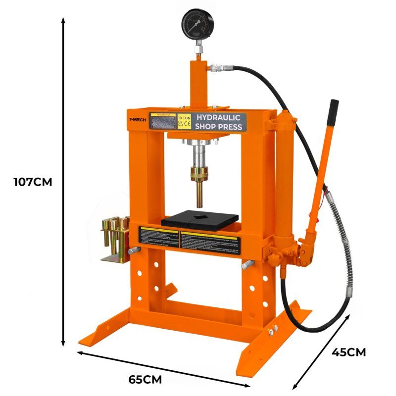 Hydraulic Shop Press 10 Ton Tonne 10,000kg Bench Mount Heavy Duty Steel Detachable Pressure Gauge Hand Pump Adjustable 180-335mm Vertical Work Area Workshop Garage FREE Tool Set 8 Mandrels & 1 Adapter