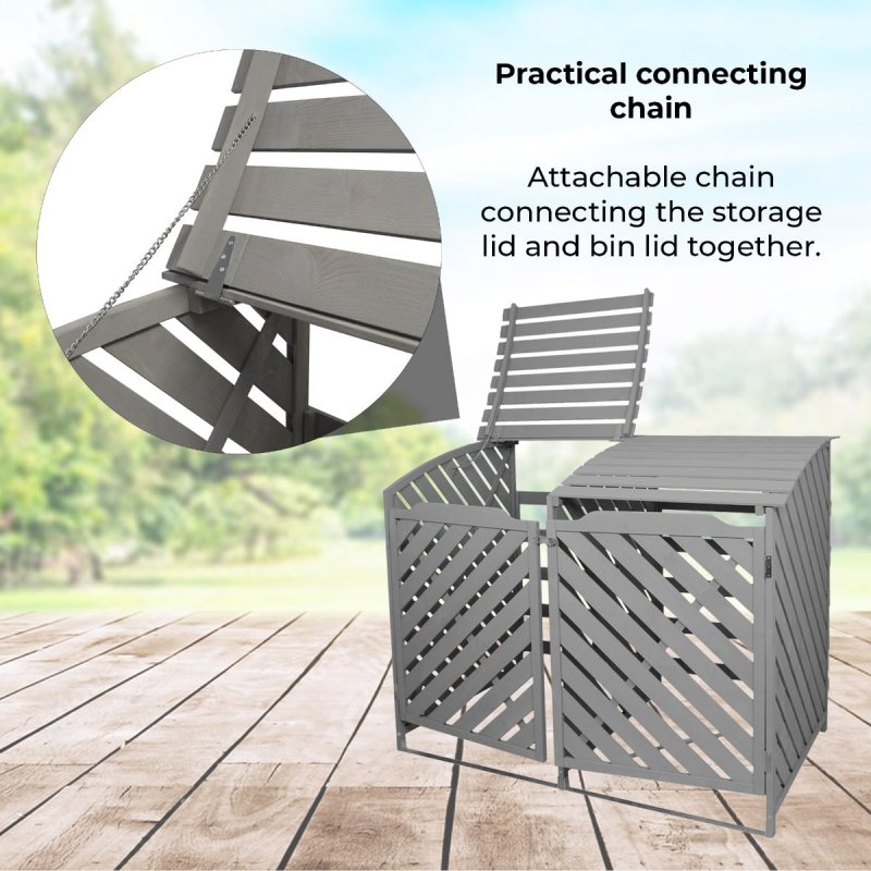 Double Wheelie Bin Storage Shed Wooden Dustbin Store Cupboard Outdoor Grey Wash Timber Cover Lockable Latched Recycling Garden