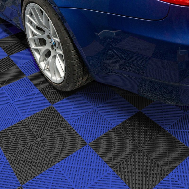 Vented Modular Interlocking Flooring Tiles 120 Black & 120 Blue With Edges & Hexagon LED Lighting 28 White Lights & Border 6500K 3 Mount Options & Suspended Ceiling Kit Single Garage Floor Mat 6m x 6m