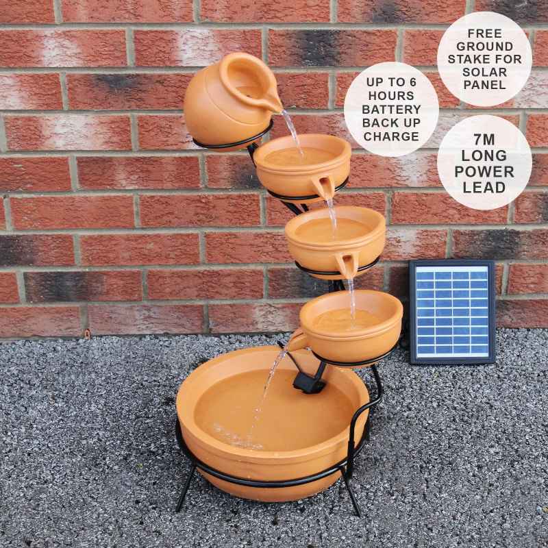 Water Feature Garden Fountain Solar Powered Outdoor Garden Cascade Ornament D̩ecor Patio Resin Terracotta Freestanding Cascading 4 Tier Spilling Bowls