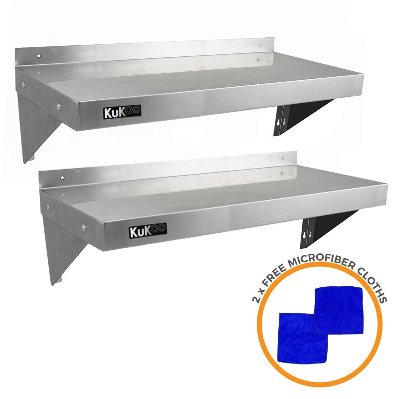 2 x KuKoo Commercial Stainless Steel Shelves Kitchen Wall Shelf Catering Corrosion Resistant & Free Microfiber Cloths 1000mm x 300mm