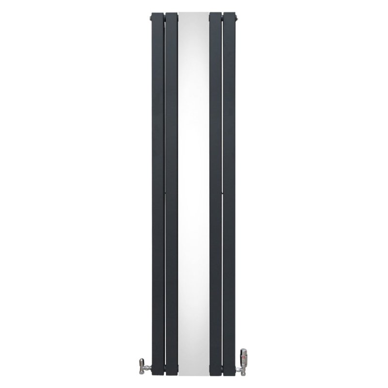 Flat Panel Radiator With Mirror 1800mm x 425mm & TRV Chrome Valves Designer Double Column Vertical Anthracite Grey Carbon Steel Wall Mounted Kitchen Living Room Cleaning Brush Fixing Kit & Brackets