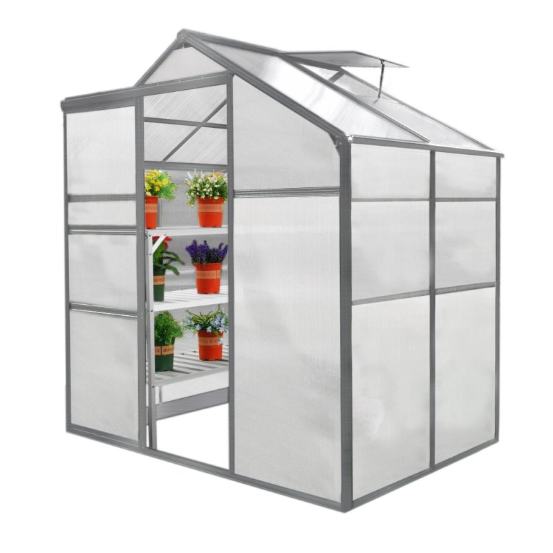 Greenhouse Polycarbonate, Clear, Aluminium Frame, Silver, Growhouse with Window & Sliding Door 6ft x 4ft