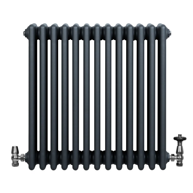 Traditional 4 Column Radiator & Valves - 600 x 605mm - Anthracite Grey