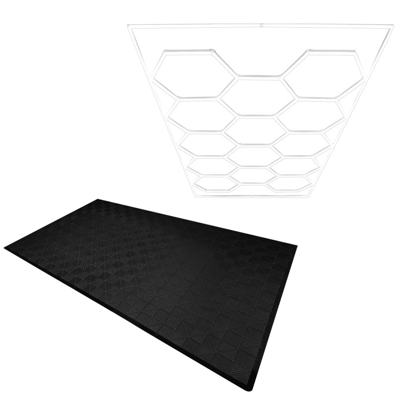 Vented Modular Interlocking Flooring Tiles x 120 Black With Edges & Hexagon LED Lighting 14 White Lights & Border 6500K 3 Mount Options & Suspended Ceiling Kit Single Garage Floor Mat 3.2m x 6m 19.2m2