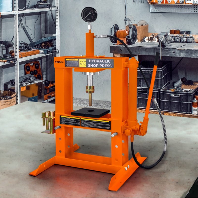 Hydraulic Shop Press 10 Ton Tonne 10,000kg Bench Mount Heavy Duty Steel Detachable Pressure Gauge Hand Pump Adjustable 180-335mm Vertical Work Area Workshop Garage FREE Tool Set 8 Mandrels & 1 Adapter