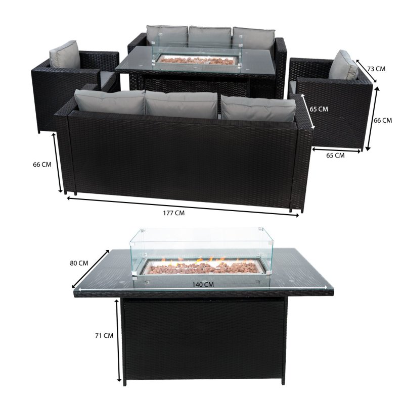 8 Seater Rattan Furniture Set With Firepit - Black