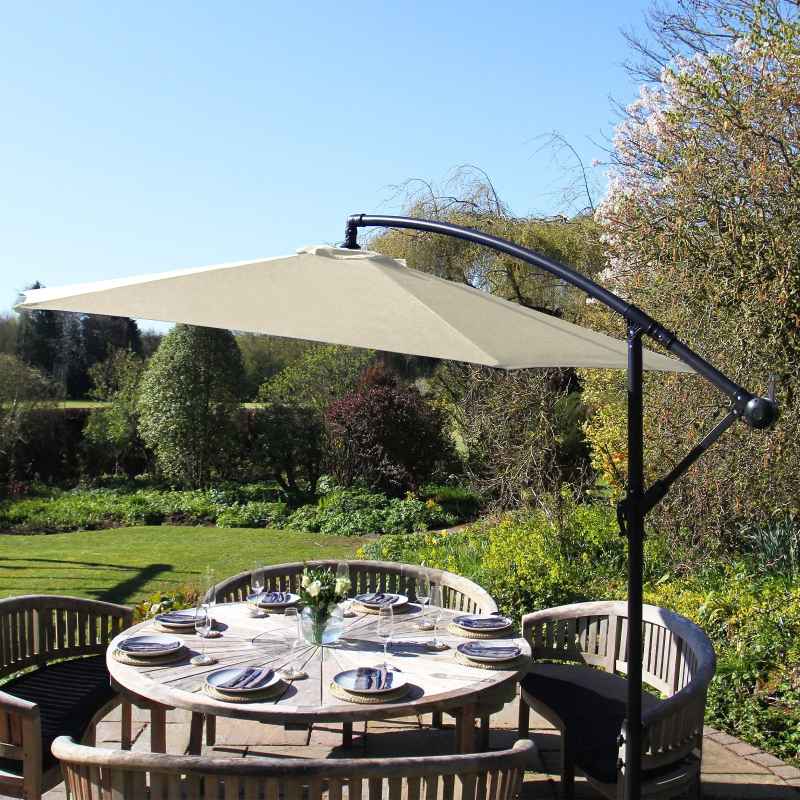 3m Cantilever Garden Parasol Banana Hanging Umbrella Winding Crank Shade Patio Outdoor Sun Shade Tilt UV Protection | Cream Fan Base