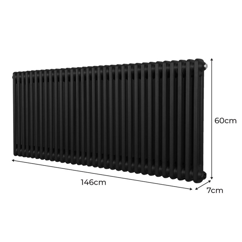Traditional 2 Column Radiator 600mm x 1462mm Modern Central Heating Heater Matt Black Carbon Steel Horizontal Wall Mounted Kitchen Living Room Bathroom FREE Cleaning Brush Fixing Kit & Brackets