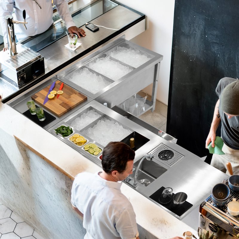 Deluxe Cocktail Bar Station Ice Well & Modular Corner Unit Stainless Steel Sink Mixer Tap Speed Rail Shelves Drink Refresher Gastro Pots Removable Dividers Splashback 2 Connector Brackets & Shaker