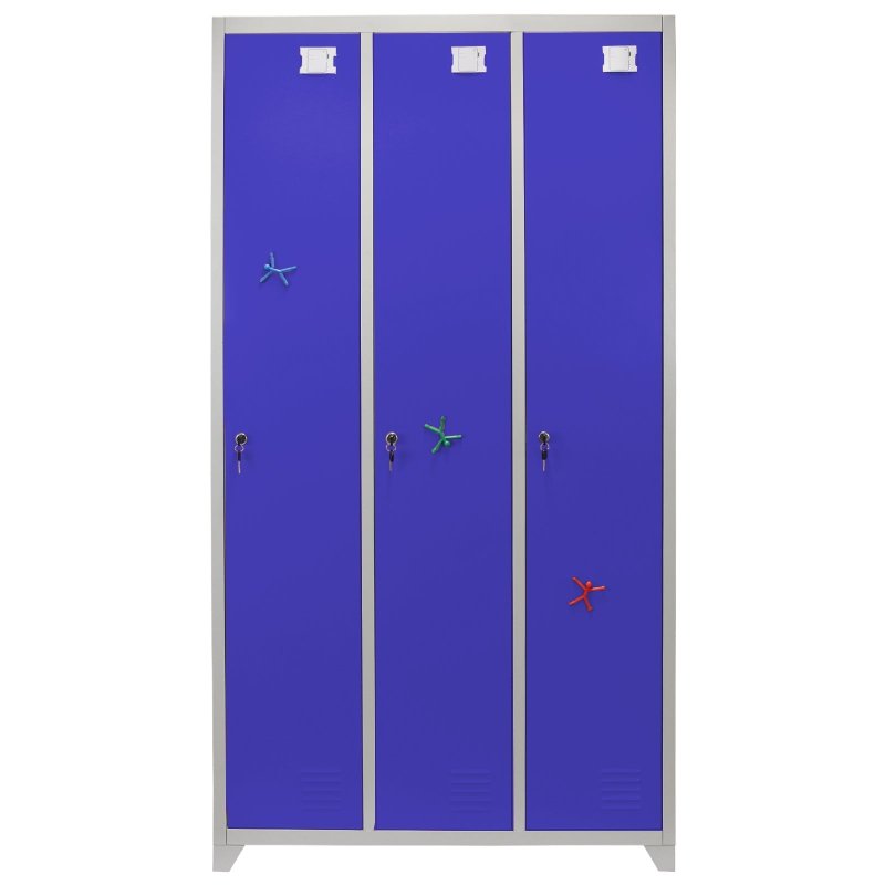 MonsterShop 3 Door Wide Steel Storage Lockers, Blue & Grey Metal Lockable Unit, School Staff Gym Changing