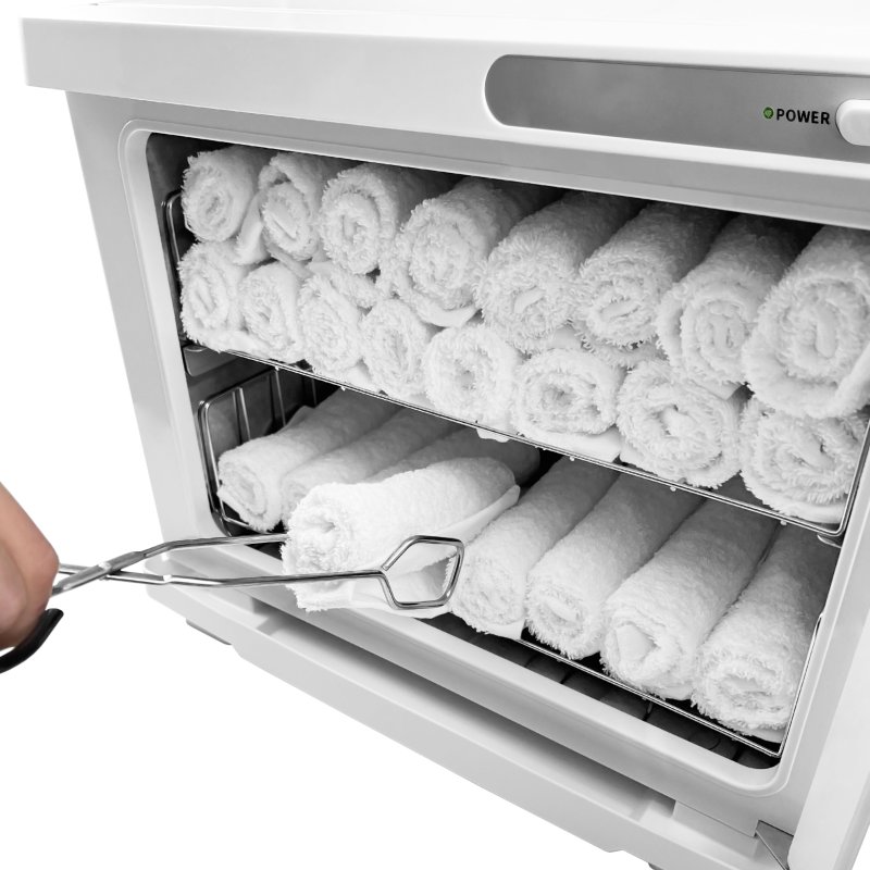 Hot Towel Warmer White 23L Cabinet Heater UV Steriliser Disinfection Facial Salon Beauty Spa Gym Bathroom Home Equipment Stainless Steel Electric 2 Removable Shelves Drip Tray 200W 2 x FREE Tongs