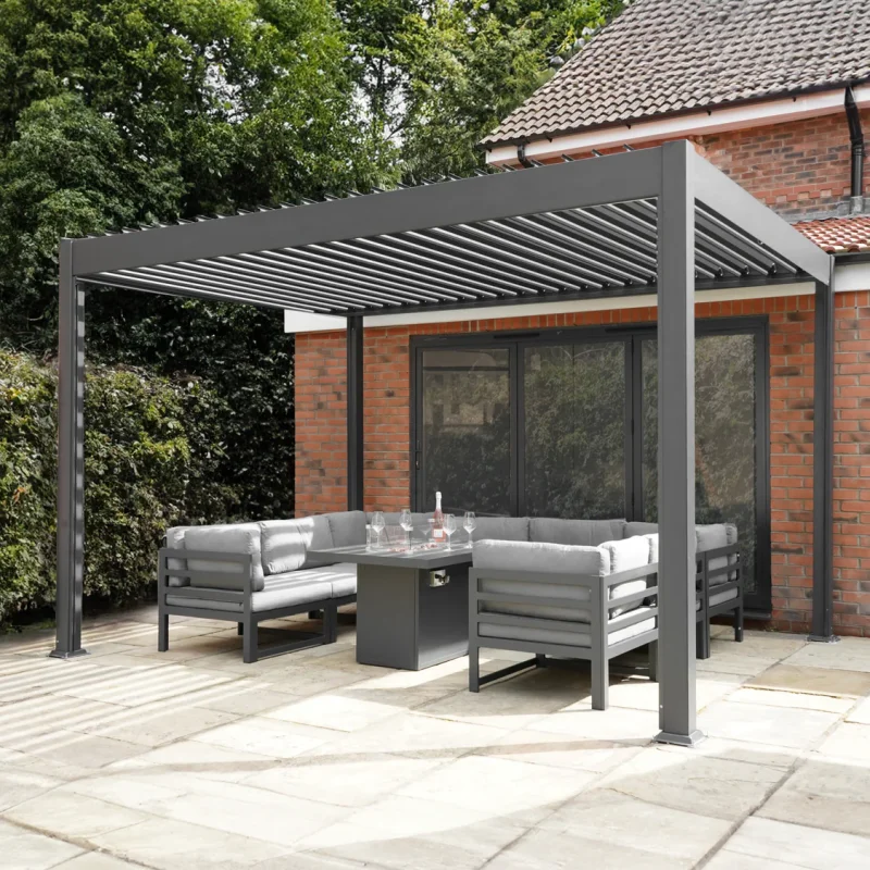 Metal Pergola With LED Lights 3m x 3m Adjustable Canopy Roof Powder Coated Aluminium Outdoor Garden Gazebo Sun Rain Shelter Patio Deck Drainage Weather Resistant Tools & Ground Bolts Grey, Rattan Corner Dining Set Outdoor Garden Furniture Black 9-Seater L