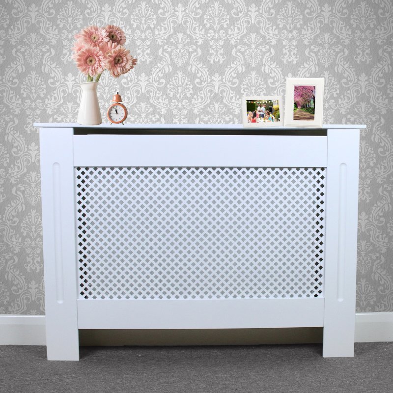 Radiator Cover White MDF Trellised Grill Modern Cabinet Shelf 1115mm