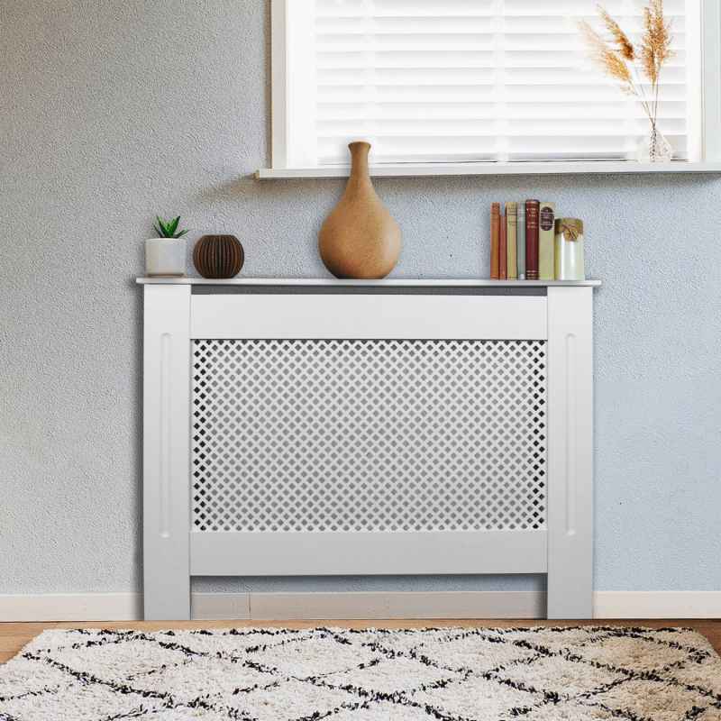 Radiator Cover White MDF Trellised Grill Modern Cabinet Shelf 1115mm