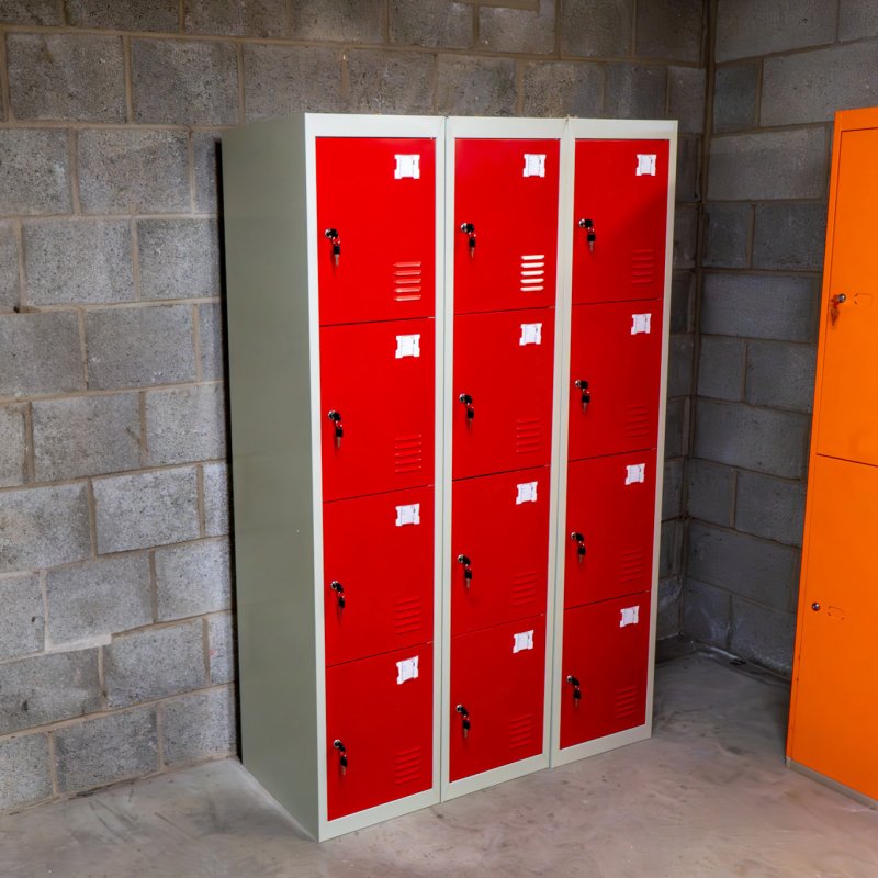 MonsterShop Metal Lockers 4 Door Storage Cupboard Red & Grey Assembled Metal Lockable Unit Filing Cabinet School Staff Gym Changing
