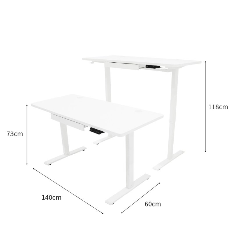 Electric Standing Desk 140cm x 60cm White Height Adjustable Ergonomic Sit to Stand Computer Workstation Built In Drawer USB A & C Charging Cable Holes & Tray Bag Hook Office Table Memory Smart Panel